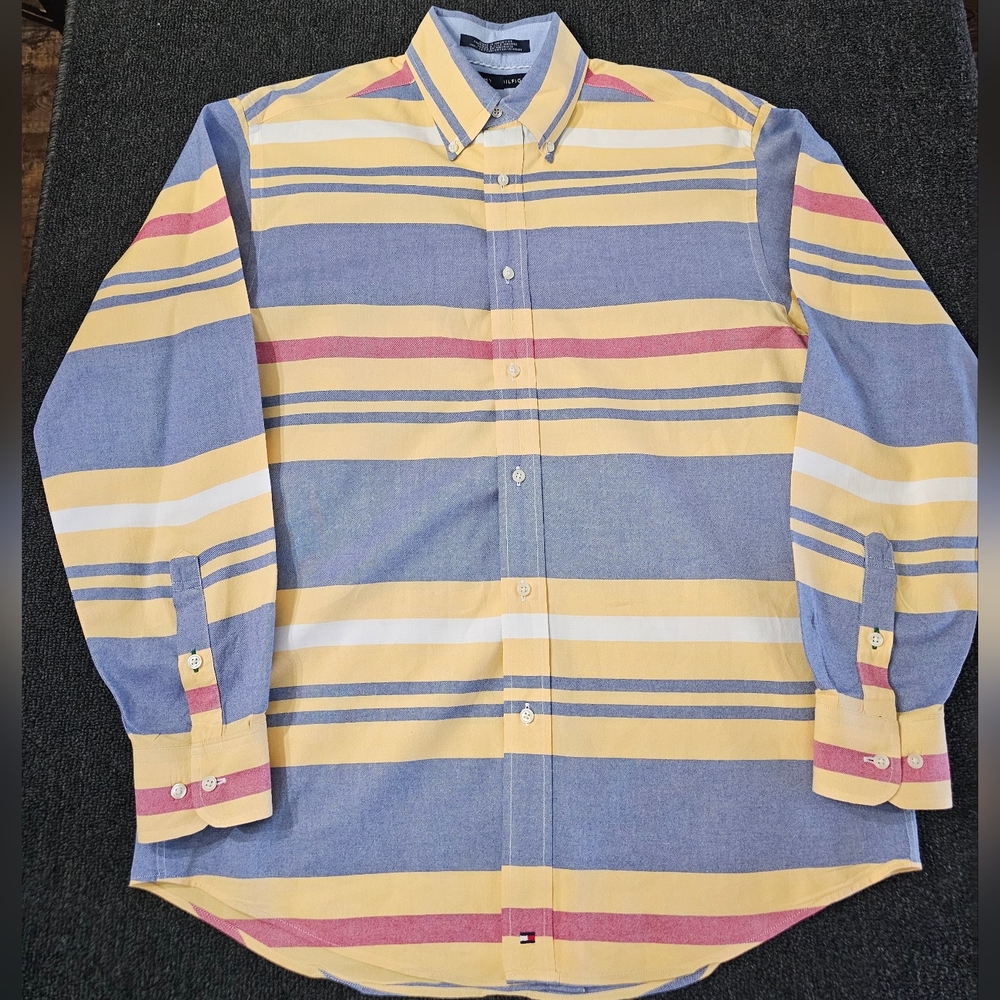 Vtg. Tommy Hilfiger Multicolored Striped Button-Up Long Sleeve Shirt Mens Medium